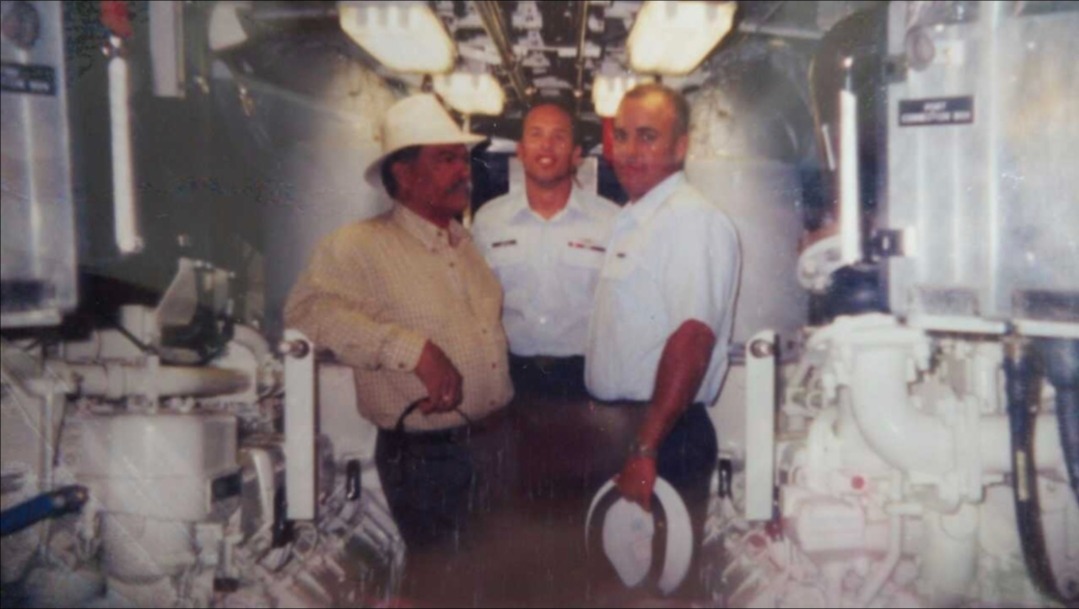 On board with my brother and father