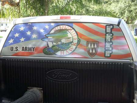 Back window of Al Wallace's truck