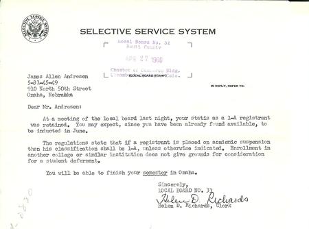 Kind letter from Draft Board