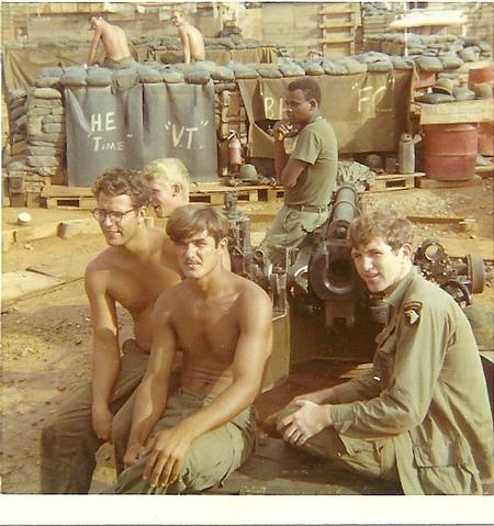 sitting on trailbox of 102-105mm howitzer, at firebase rakkasan,vietna