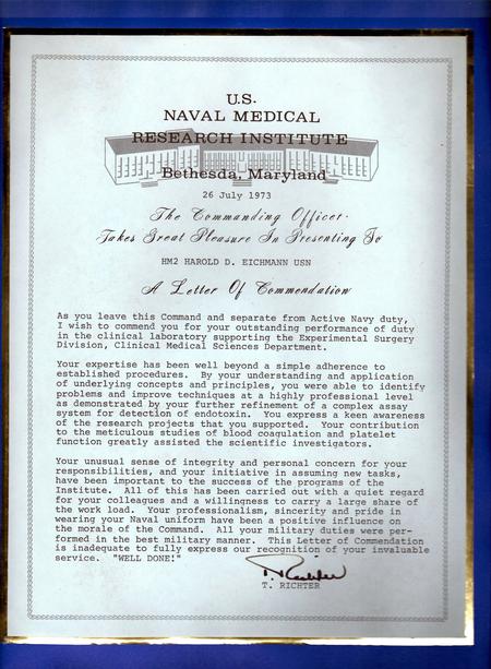 Lett er of Commendation from NMRI, NNMC Bethesda, MD