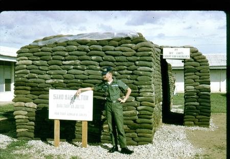 Myself in front of a sandbag bunker at Binh Thuy AB